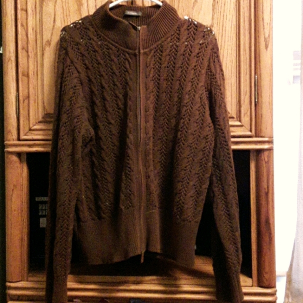 Brown cotton open knit double zip cardigan